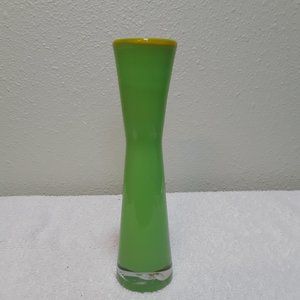 Art Glass Hand Blown Contemporary Green Yellow Trimmed 8" Vase